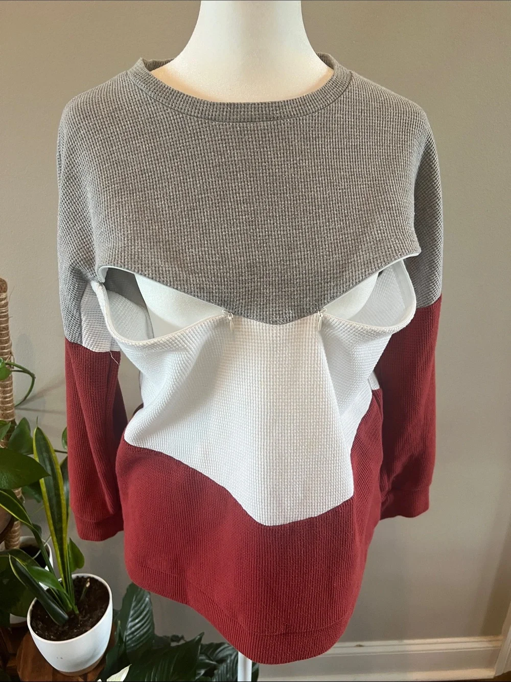 Women’s Colorblock Breastfeeding Waffle-Knit Sweater - Gray, White & Burgundy - Picture 7 of 9